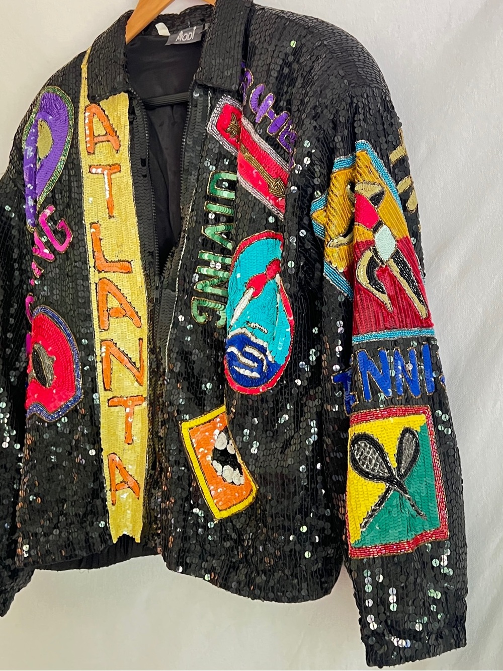 90s Colorful Beaded Sports Silk Sequin Bomber Jacket MODI Game Day